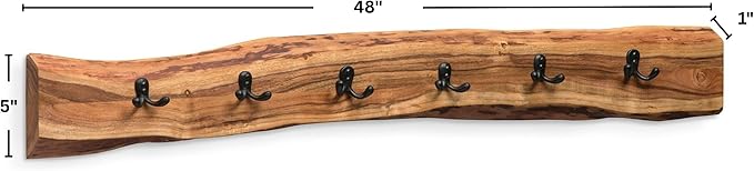 Alaterre Furniture Alpine Natural Live Edge Wood Coat Rack – 48 Inch Solid Wood Wall-Mounted Coat Hook with 6 Double Hooks – Modern Farmhouse Storage Organization for Entryway, Hallway, or Mudroom