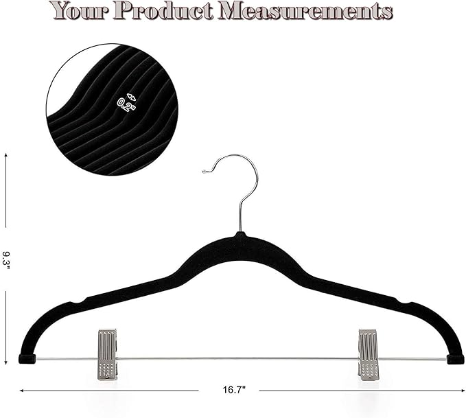 Premium Velvet Hangers with Clips, 10-Pack, Black, Non-Slip Pants and Clothes Hangers with Adjustable Metal Grips