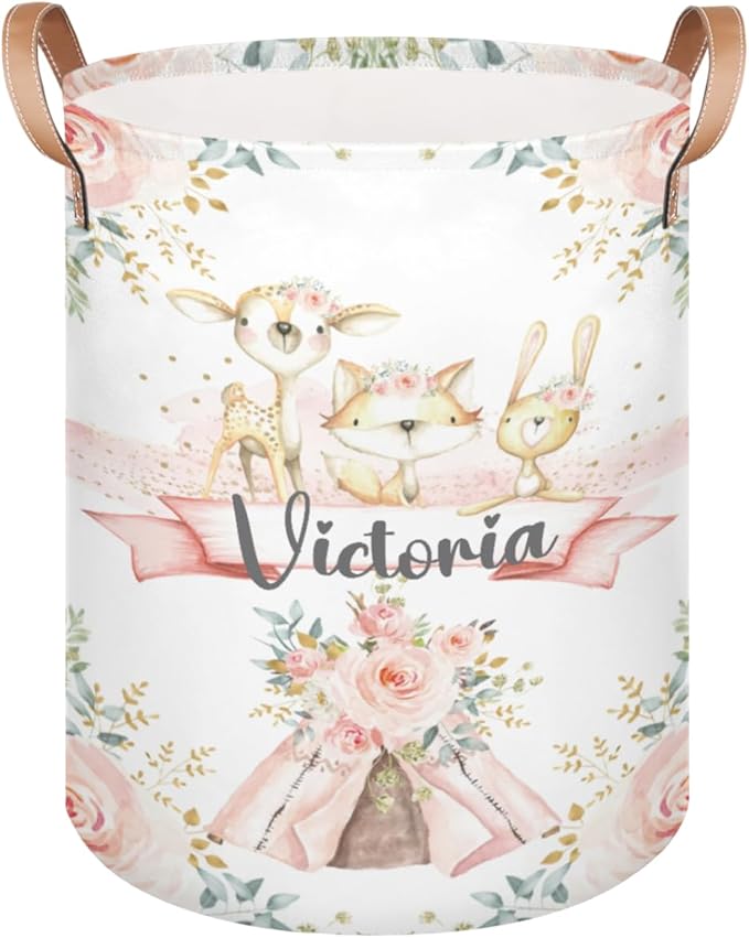 Personalized Laundry Basket, Custom Gift Laundry Hamper, Collapsible Nursery Waterproof Laundry Baskets, Dirty Clothes Toy Hamper with Handles Boho Woodland Animals