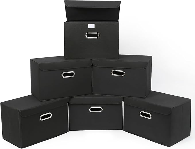 STOREONE Fabric Storage Cube Bins Foldable Organizer Container Collapsible Basket with Lids and Metal Handles, for Home, Bedroom, Closet 6 Pcs (Black)