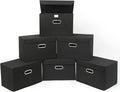 STOREONE Fabric Storage Cube Bins Foldable Organizer Container Collapsible Basket with Lids and Metal Handles, for Home, Bedroom, Closet 6 Pcs (Black)