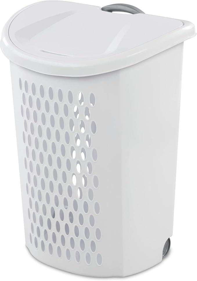 2-Bushel Capacity Laundry Basket With Wheels and Lid,Plastic Rolling Laundry Hampers,Retractable handle,White,Suitable for use in Home and Dormitories