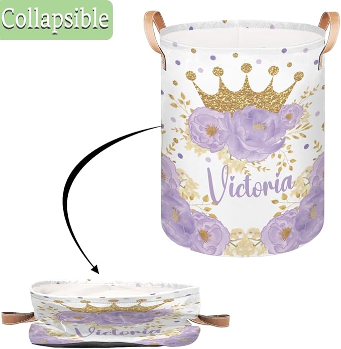 Personalized Laundry Basket, Custom Gift Laundry Hamper, Collapsible Nursery Waterproof Laundry Baskets, Dirty Clothes Toy Hamper with Handles Floral Gold Crown Princess