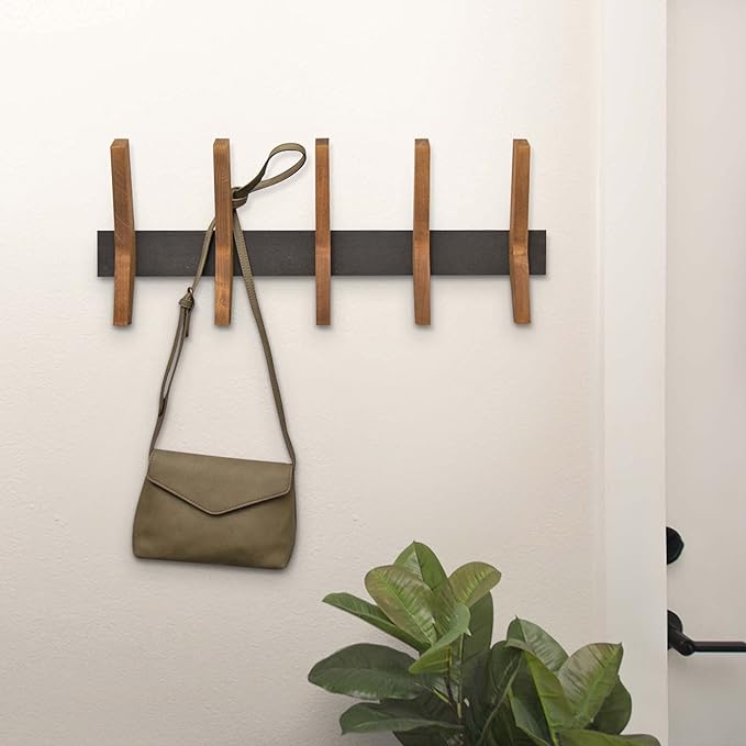 24-Inch Mid Century Coat Rack with 5 Wooden Hooks, Farmhouse Style Hookrail for Bedroom, Living Room, Hallway, and More, Solid Wood, 9.5" H x 24" W x 2.25" D, Black and Walnut