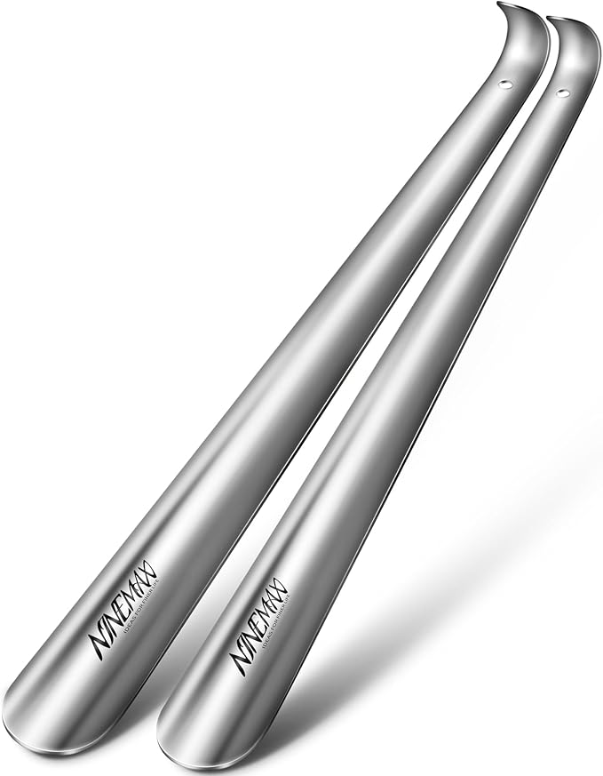 NINEMAX Shoe Horn Long Handle for Seniors Men Women, Metal Long Shoehorn Boot Horn Stainless Steel Shoe Spoon Helper 16.5''(Pack of 2)