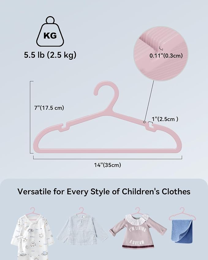 Plastic Kids Hangers, Pack of 100, Ultra Slim Closet Hangers, Non-Slip, Space-Saving, Sturdy, 14" W x 7" H (for Children Aged 7-12 Years),Light Pink, UAPY07100P