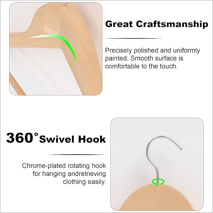 20 Pack Ergonomic Design Wooden Hangers with 360° Swivel Hook, Suit Hanger with Non Slip Pants Bar, Solid Wood Coat Hangers for Dress, Jacket, Pants, Heavy Clothes