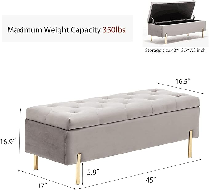 Andeworld Velvet Storage Bench, Modern Bedroom Bench, Upholstered Tufted Large Settee Ottoman with Storage Bench for Bedroom,Living Room,Entryway,Grey
