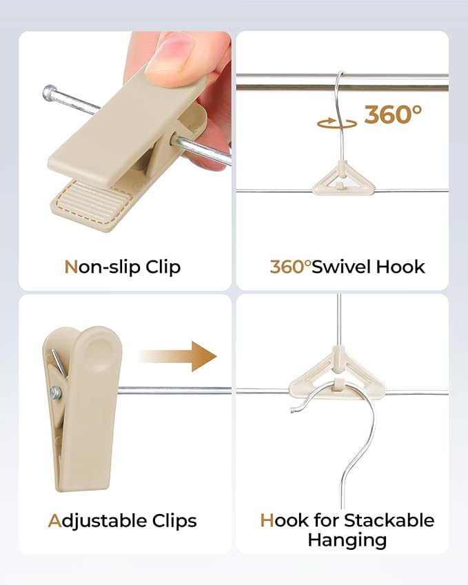 Pants Hangers with Clips 30 Pack - Space Saving Stackable Shorts Skirt Hangers with Clips - Non-Slip, Adjustable for Men, Women, Kids, Children, Baby, Beige