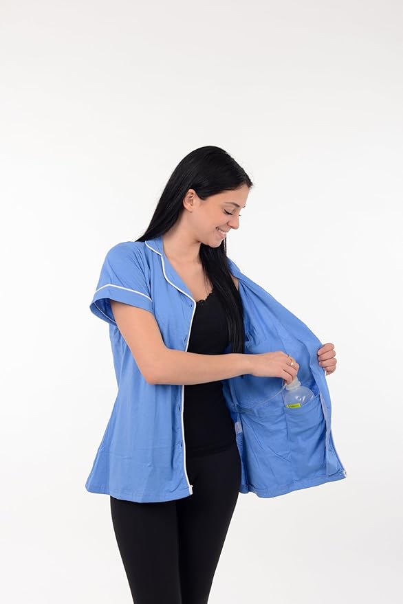 USBD Post Mastectomy Shirt with Drain Pockets Lapel Collar Post Op Button Down Recovery Tops