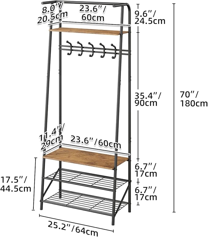 Coat Rack Shoe Bench with Single-Row 5 Hooks 60cm Width, 3-Tier Shelf Entryway Hall Tree with Storage, Metal Frame Multifunctional Organizer, 4-in-1 Coat Rack for Bathroom, Hallway.Grey.