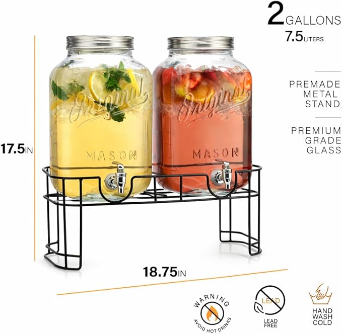 MosJos 2 GALLON Glass Drink Dispensers for Parties, Original Mason Ice Beverage Dispensers with Metal stand, Glass Water Dispenser with Spigot, Laundry Detergent Dispenser, Lemonade Dispenser Set