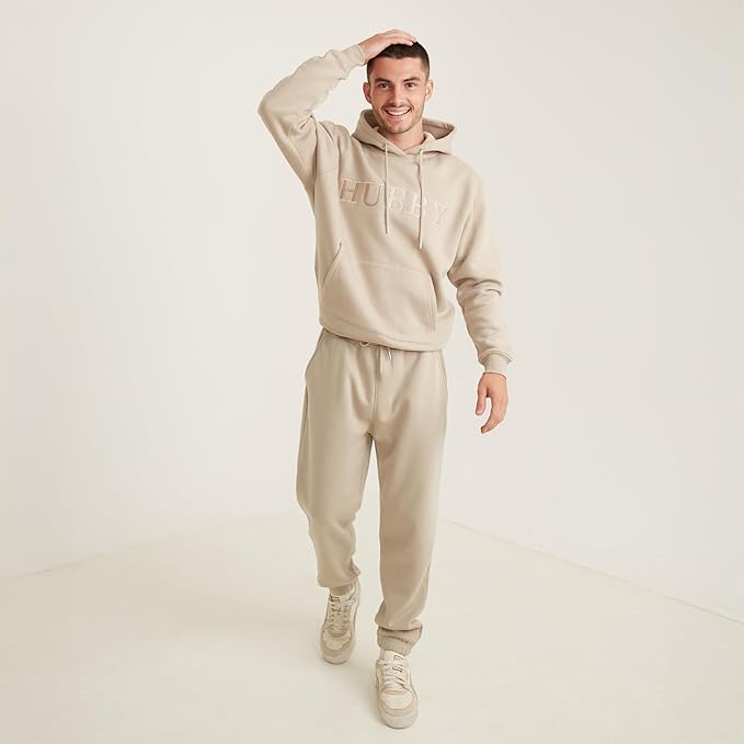 Six Stories | Hubby Embroidered Hoodie in Stone Beige | Soft & Cozy Fleece Pullover Loungewear Sweater