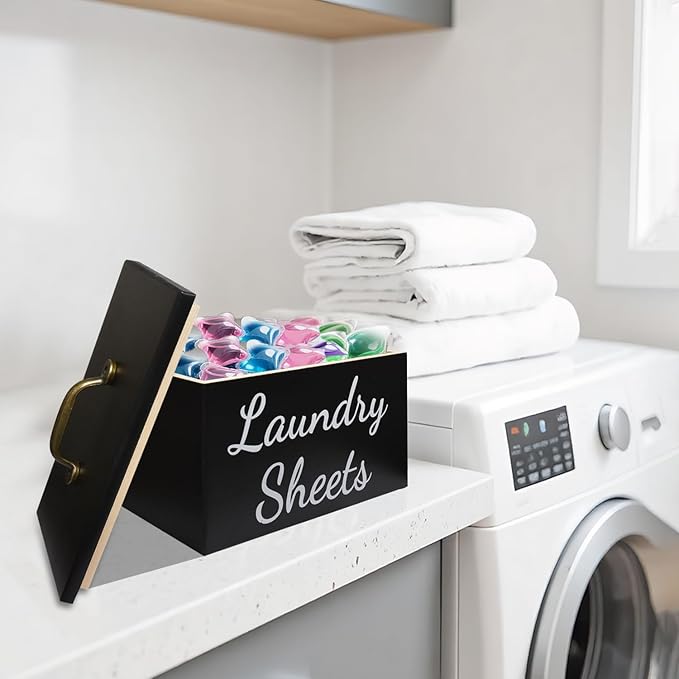 Wooden Laundry Dryer Sheet Holder, Dryer Sheet Dispenser with Lid for Laundry Room Organization, laundry dryer sheet box, Fabric Softener Laundry Beads Dispenser (Black)