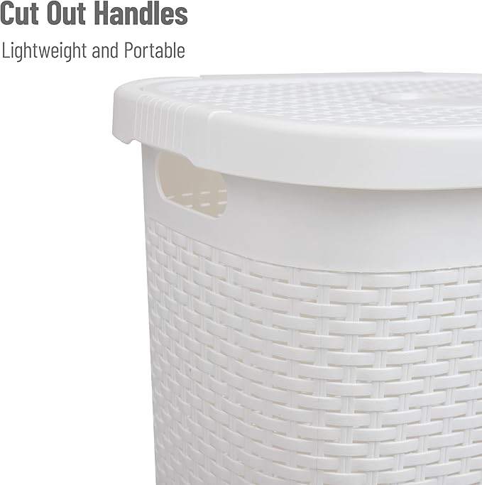 Mind Reader 50L Slim Laundry Hamper, Clothes Basket, Lid, Wicker Design, Plastic, 17.65"L x 13.75"W x 21"H, Set of 2, White