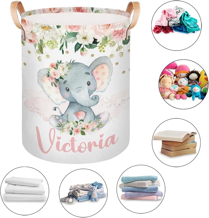 Personalized Laundry Basket, Custom Gift Laundry Hamper, Collapsible Nursery Waterproof Laundry Baskets, Dirty Clothes Toy Hamper with Handles Blush Floral Elephant Girl