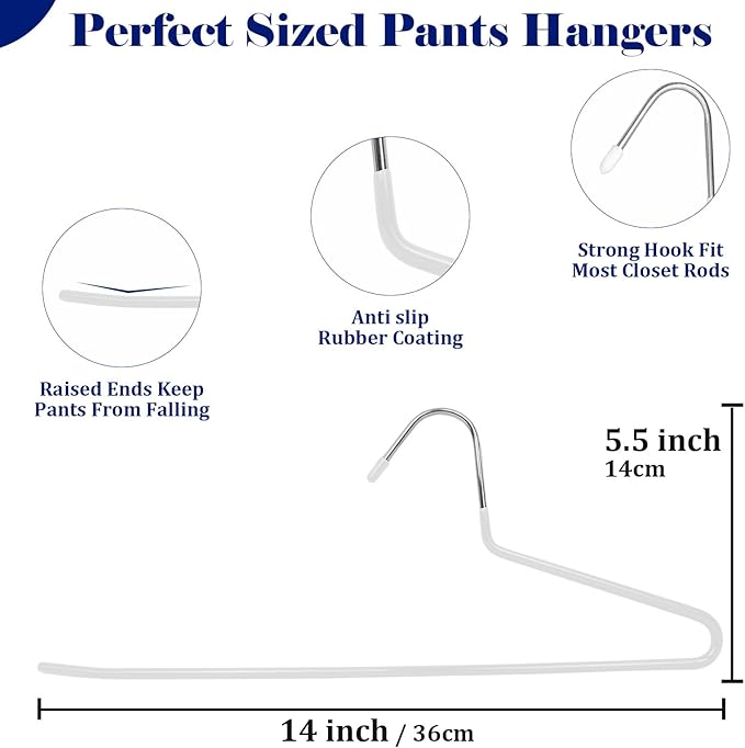 20 Pack Open Ended Pants Hangers with Non Slip Design,Suitable for Trousers,Jeans,Towels for Closet Space Saving,Durable Metal Material with Rubber Coating (White)