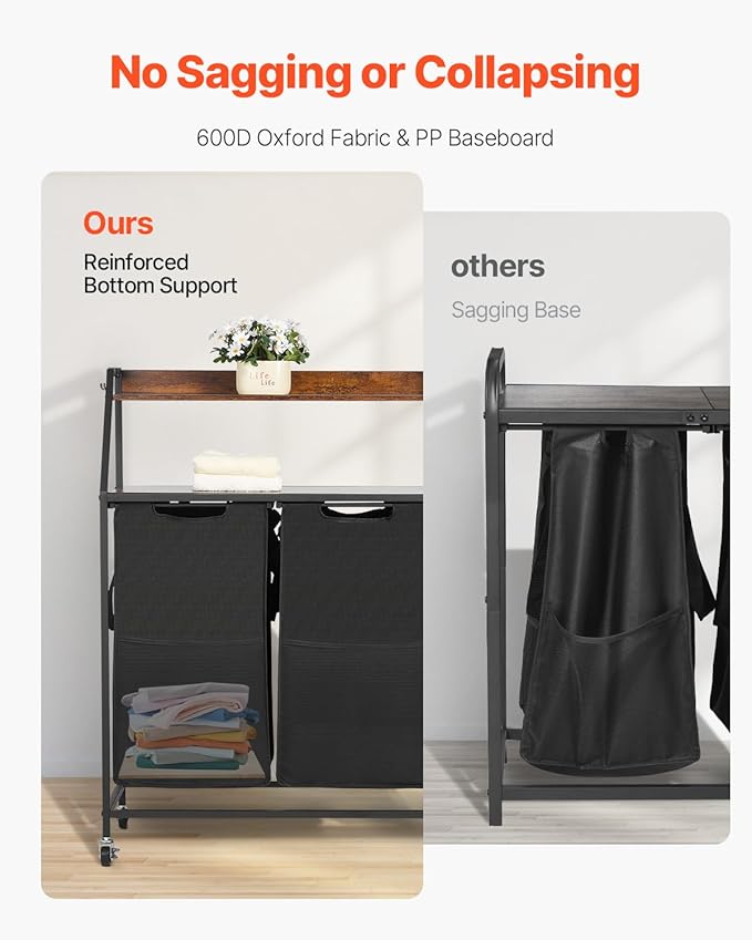 VEVOR 2 Tiers Laundry Sorter, Tall Laundry Hamper with Metal Frame and Wooden Tabletop, 2 Section Rolling Basket Organizer Storage with Ladder Shelves and 600D Oxford Cloth Bags for Dirty Clothes