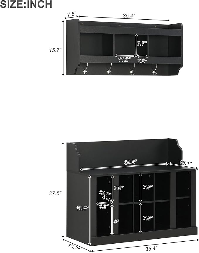 Multi-Functional Hall Tree with Wall Mounted Coat Rack, Shoe Storage Bench with Shelves and 4 Hooks, Entryway Organizer for Hallway, Foyer, Mudroom, Living Room (Black-52s)