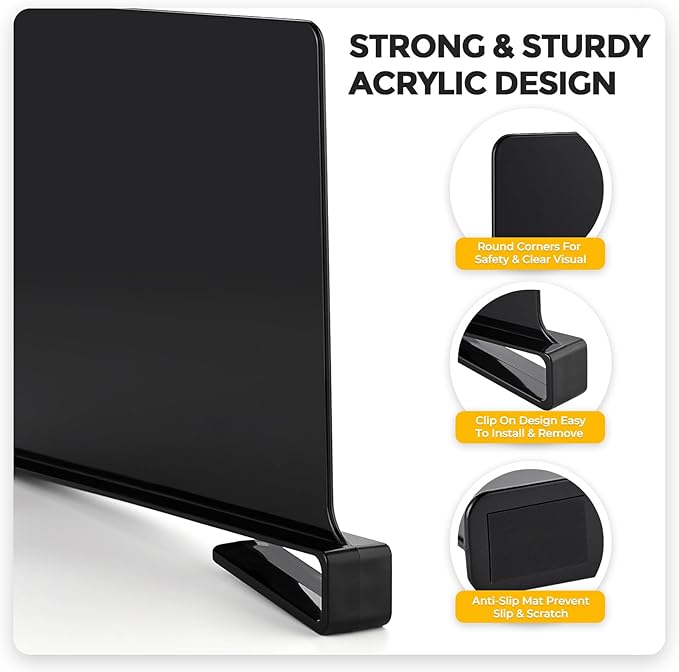 JOY DECOR 6 Pack Acrylic Matte Black Shelf Dividers for Closets Organizer and Storage Adjustable Vertical Wood Shelf Closet Separators for Clothes,Book,Bags in Bedroom and Kitchen