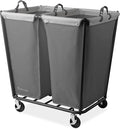 Dryser Divided Commercial Heavy-Duty Rolling Laundry Hamper, Steel Frame Cart on Wheels with 2 Section Removable Canvas Bins for Hotel or Home - Gray