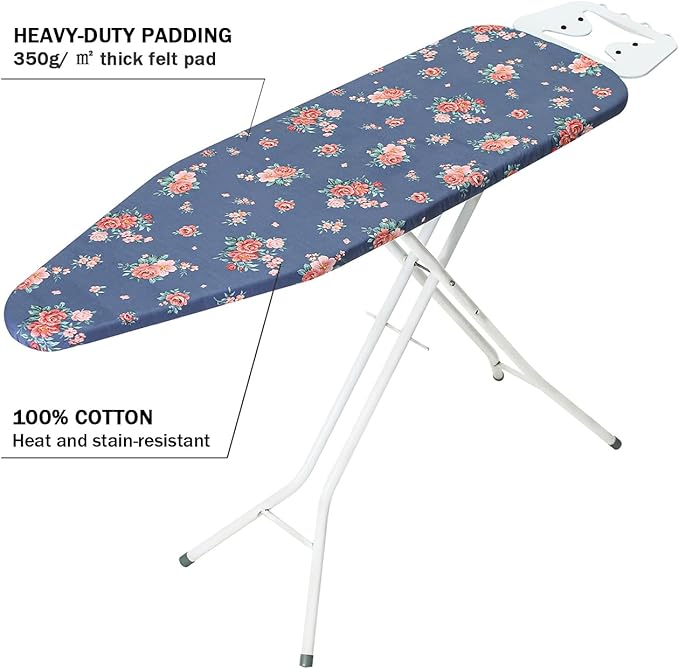 Ironing Board Cover and Pad Standard Size 15" x 54",3 Pairs of Hook and Loop Fastener Straps,Elastic Edges,Cotton Iron Board Cover with Scorch Resistant Thick Padding (Blue+Flowers)