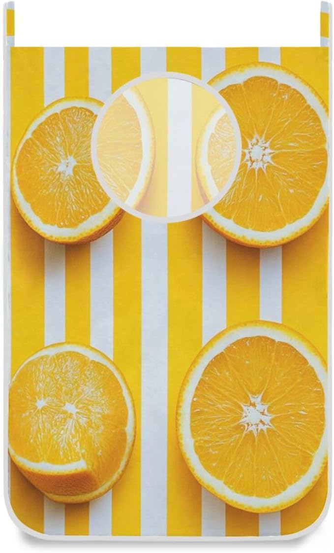 Hanging Laundry Hamper Over the Door with Stainless Steel Hooks Rack Dirty Clothes Wall Mounted Hamper Basket Bag 29.5X20inch Yellow Orange Fruit
