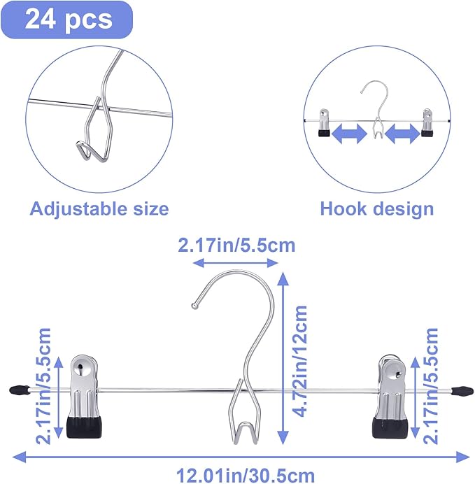 24PCS Skirt Pants Hangers with Clips Space Saving Stackable Hanging Closet Organizer Heavy Duty Adjustable Clothes Storage College Dorm Room Supplies Decor for Shorts Jean Towel Trouser Sock
