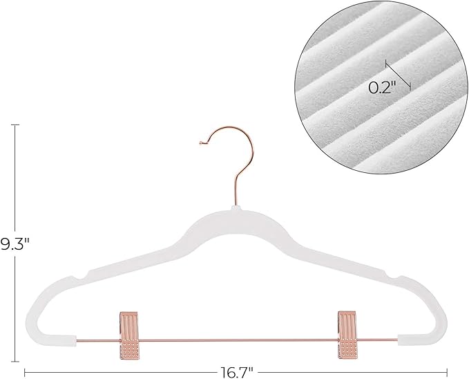 SONGMICS 24-Pack Velvet Pants Hangers, 16.7-Inch Long Coat Hangers with Rose Gold Colored Movable Clips, Heavy-Duty, Non-Slip, Space-Saving, for Pants, Skirts, Dresses, White UCRF014W01