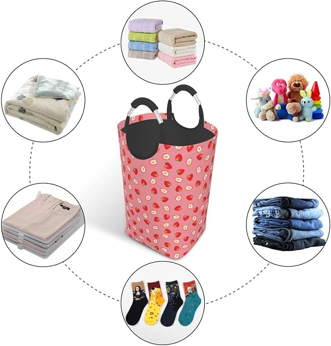Strawberry Laundry Basket Cute Fruits Laundry Hamper Pink Strawberries Collapsible Laundry Baskets with Handle Dirty Clothes Hamper Bag for Dorm Family Bathroom Decor Storage 50L