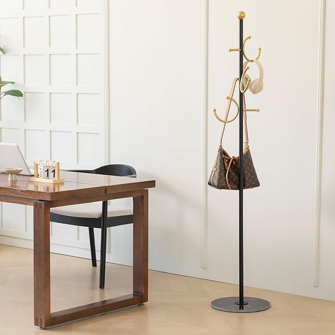 Coat Rack Freestanding Metal Corner Clothing Rack with Round Marble Base 8 Hooks Heavy Duty Coat Tree for Hanging Clothes Bag Hats 13.78x13.78x67.72 in (Black)