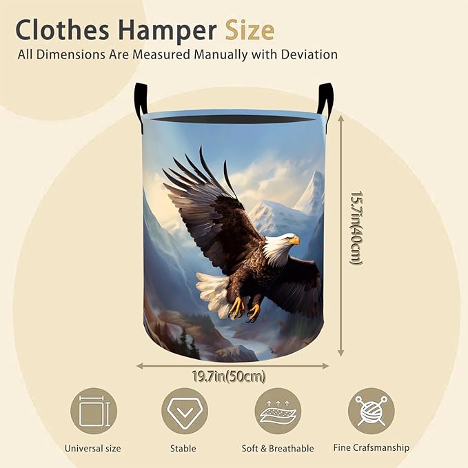 Flying Bald Eagle Laundry Basket Hamper for Boys Girls Kids Adults, Foldable Waterproof Oxford Clothes Storage Bin, Bird Organizer for Bedroom Bathroom Room Decor 19.7"x15.8"