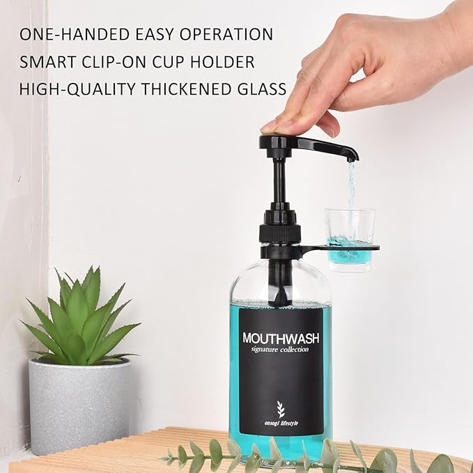 Clear Glass Mouthwash Dispenser with Black Cup Holder and Pump, 16 Oz Rustic Boho Mouthwash Dispenser for Bathroom Farmhouse Decor - 1 Pack
