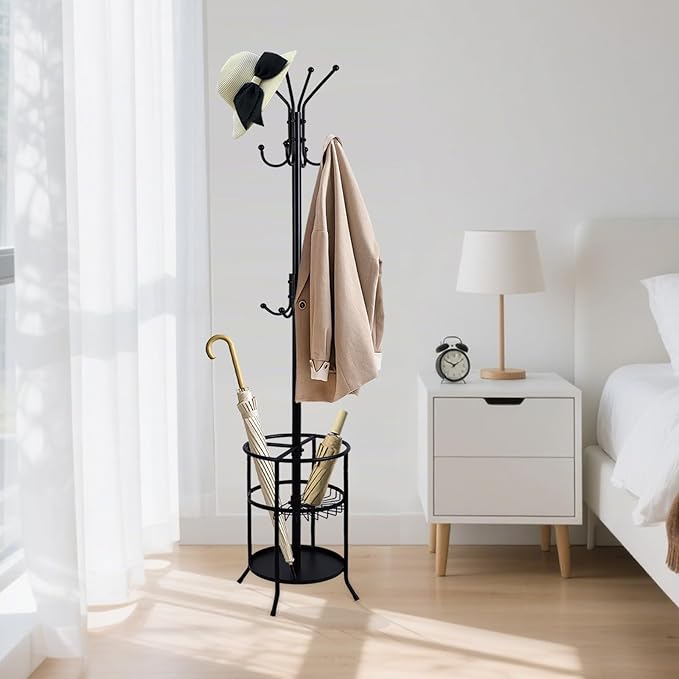 Freestanding Coat Rack with Umbrella Stand,Metal Coat Tree with 12 Hooks, Black Modern Coat Rack Stand,Coat Purse Hat Rack Umbrella Stand for Entryway, Living Room, Bedroom, Office