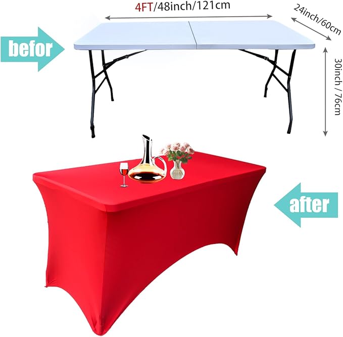 4 Pack - Elegant Red Stretch Spandex Table Cover (48Lx24Wx30H Inches), Non-Iron Fitted Tablecloth for 4-Foot Rectangular Folding Tables -Ideal for Banquets, Weddings & Festivals