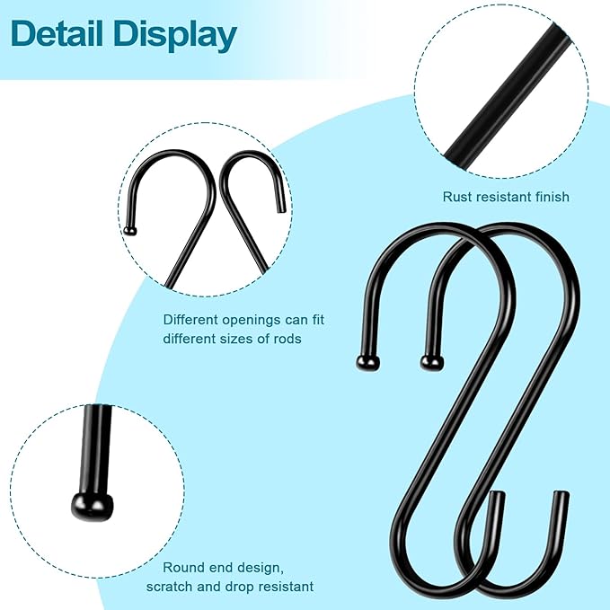 24 Pack S Hooks, 3.5 Inch Heavy Duty S Hooks for Hanging Plant, Large Closet Rod Hooks for Jeans Bags, Black Metal S Shaped Hook for Plant Basket, Pots Pans Wire Shelf Rack, Utensils, Towels