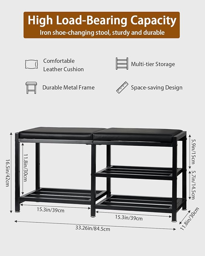 Shoe Rack Storage Bench for Entryway - Iron Shoe Rack with Bench for Entryway, Front Door Entrances or Bathroom, Space-Saving and Robust, Holds Up to 560 lb