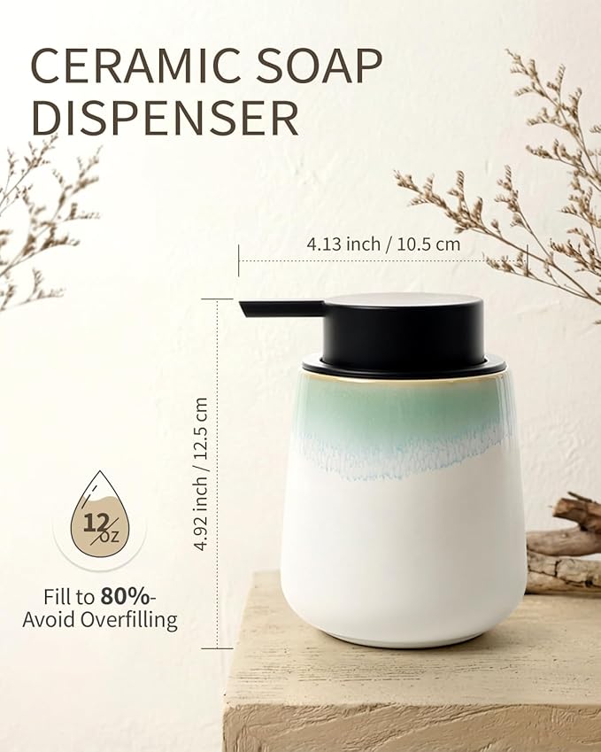 BosilunLife Foam Hand Soap Dispenser - 12 oz Bathroom Hand Pump Dispenser Foaming Soap Dispenser Ceramic Dish Wash Dispenser for Kitchen, White with Blue-Green Rim