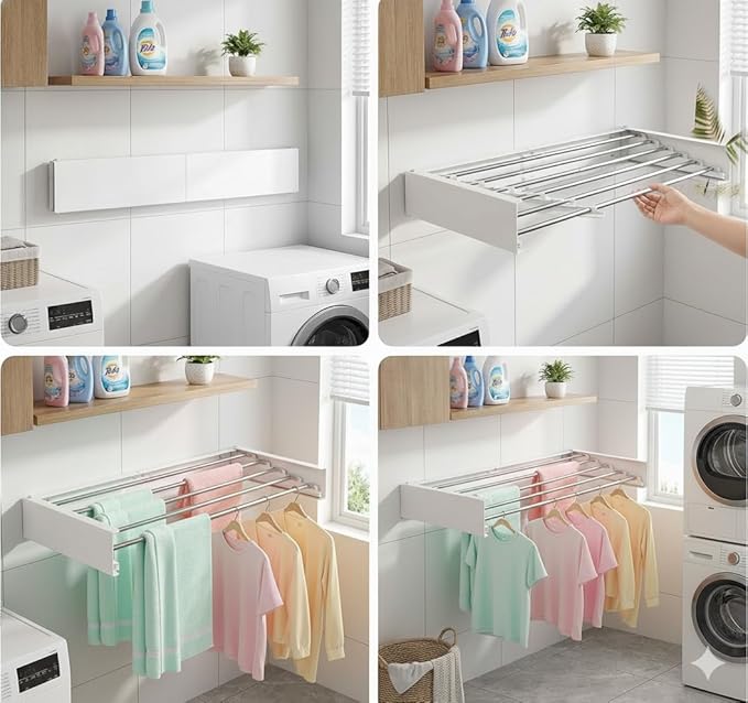 Wall Mounted Drying Rack for Laundry 31.5” Retractable Clothes Dryer Racks with 60 lb Capacity, Heavy Duty Clothing Drying Rack Foldable Space-Saving Design for Indoor & Outdoor