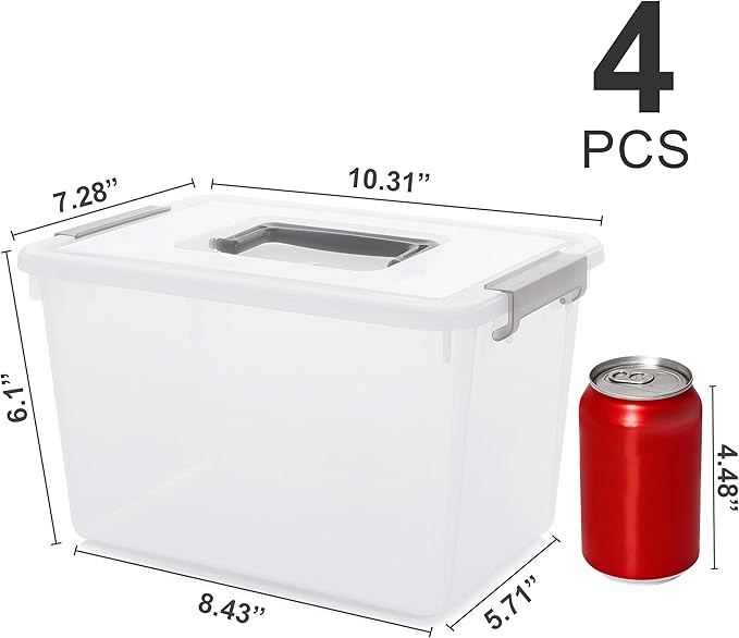 Citylife 4 Packs Plastic Storage Bins with Latching Lids Clear Storage Box with handle Stackable Storage Containers for Organizing Toys, Crafts, Tools