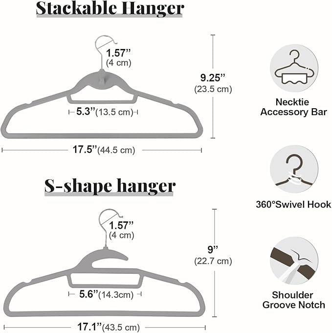 Velvet Hangers 50 Pack, S-Shaped and Stackable Non Slip with 360°Swivel Hook, Ultra Thin and Space Saving Flocked, for Suits, Shirts, Coats, 15Lbs Capacity Heavy Duty, Grey