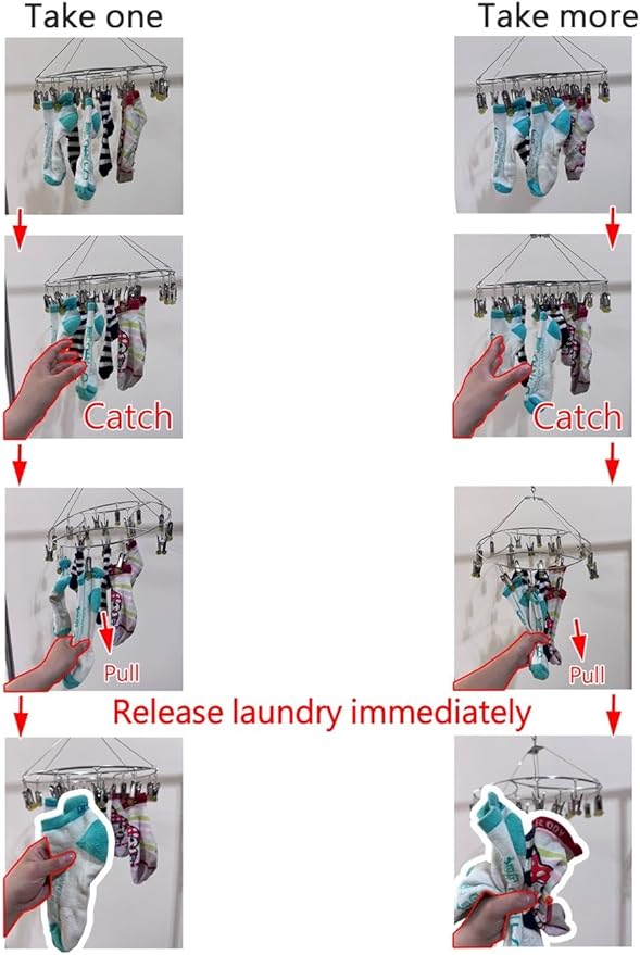 Quick Release Stainless Steel Laundry Drying Rack with Clips, Swivel Hook Wind-Proof Clothes Hanger Rack for Sock, Bras, Underwear, Laundry (Rectangle 60 Clips)