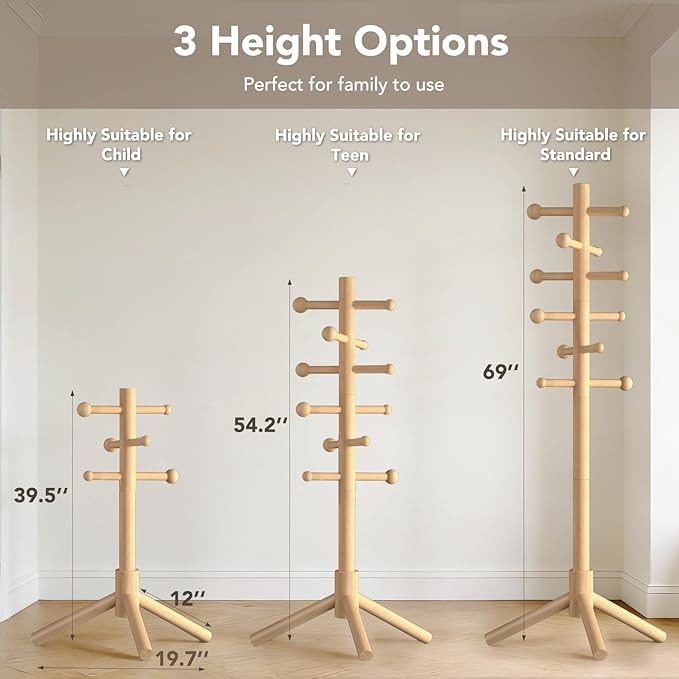 Wooden Coat Rack Freestanding with 12 Hooks 3 Adjustable Heights，Standing Coat Rack Tree for Hat and Coat Rack for Small Spaces Entryway,Office,Bedroom,Natural