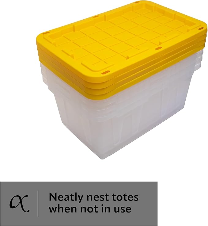 CX BLACK & YELLOW 27-Gallon Heavy Duty Clear Storage Bins with Lids, Stackable Plastic Storage Bins with Weather-Resistant Design, Home Organization, 4 Pack (14.3H x 20.6W x 30.6D)