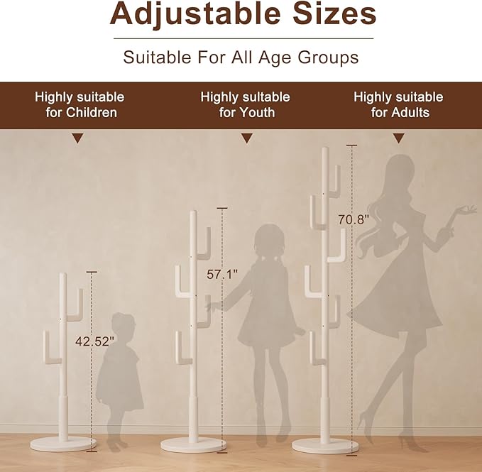 Solid Wood Cactus Coat Rack, Freestanding Coat Rack With 6 L-Shaped Hooks and 3 Adjustable Sizes, Coat Tree for Bedroom, Entryway, Livingroom, Coat Hanger Stand for Coats, Handbags (White)