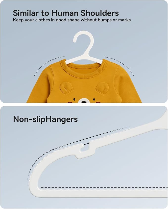Plastic Kids Hangers, Pack of 60, Ultra Slim Closet Hangers, Non-Slip, Space-Saving, Sturdy, 14" W x 7" H (for Children Aged 7-12 Years), White, UAPY0760W