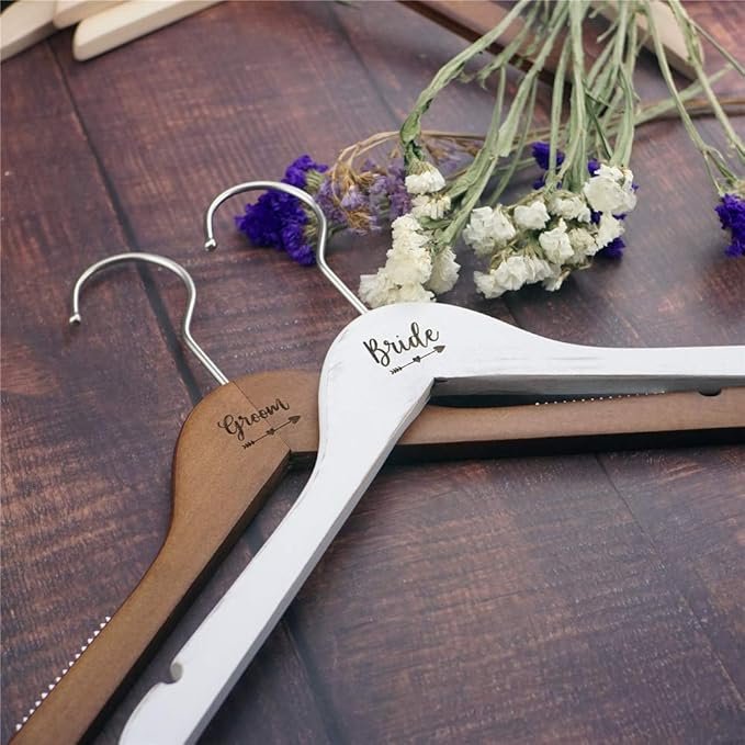 Pair of Wedding Hangers for Bride and Groom, Bridal Wedding Gift, Wood Dress Hangers