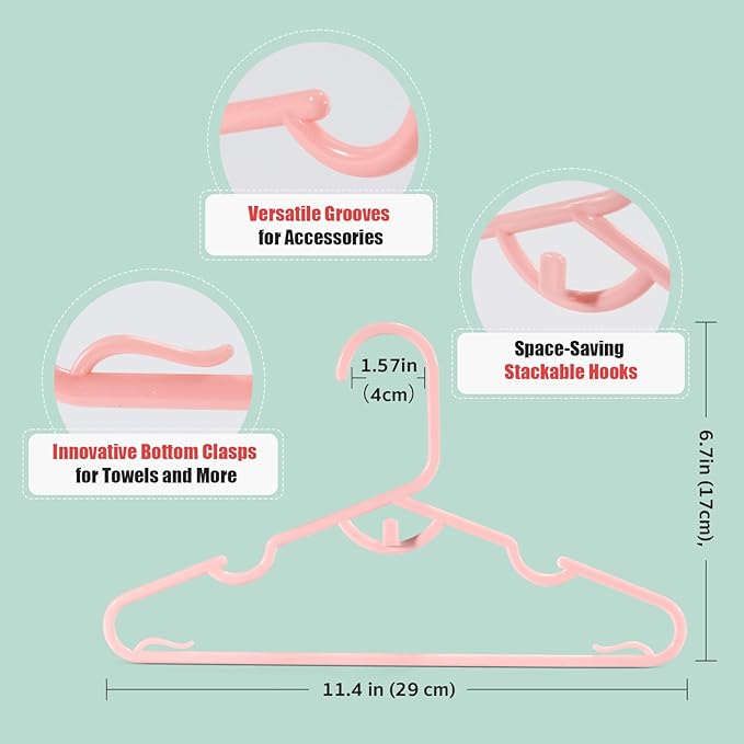 Plastic Baby Hangers 60 Pack, Pink Stackable Baby Clothes Hanger Stackable Kids Plastic Hanger(11.4") for Toddler & Newborn Child Durable Hangers for Closet