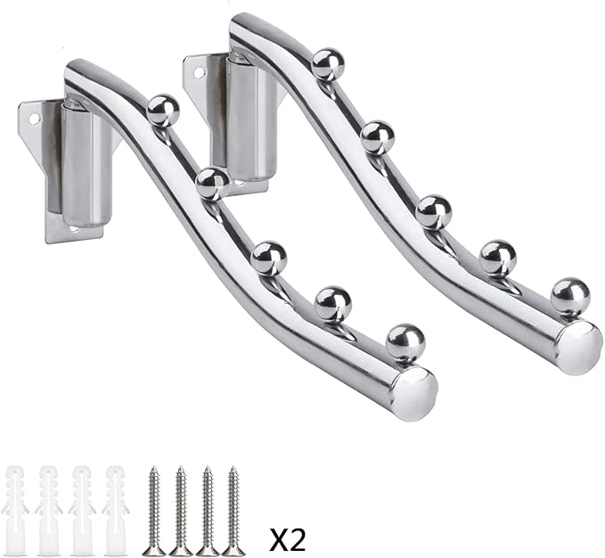 Wall Mounted Clothes Hanger Rack Folding, Clothes Hook, Stainless Steel Garment Hooks with Swing Arm Holder, Space Saver Coat Robe Storage Organizer with 5 Hook for Bedroom Laundry Room, 2 Pack