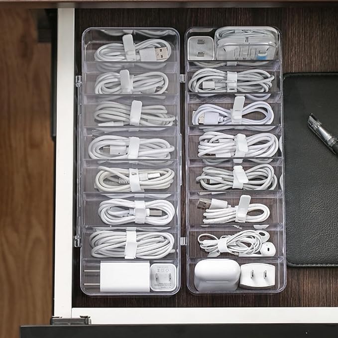 2Pcs Clear Cable Management Box with Lid, 26x9x5.5cm, Desktop Cord Organizer with Compartments (2, 10.2 x 3.5 x 2.2)
